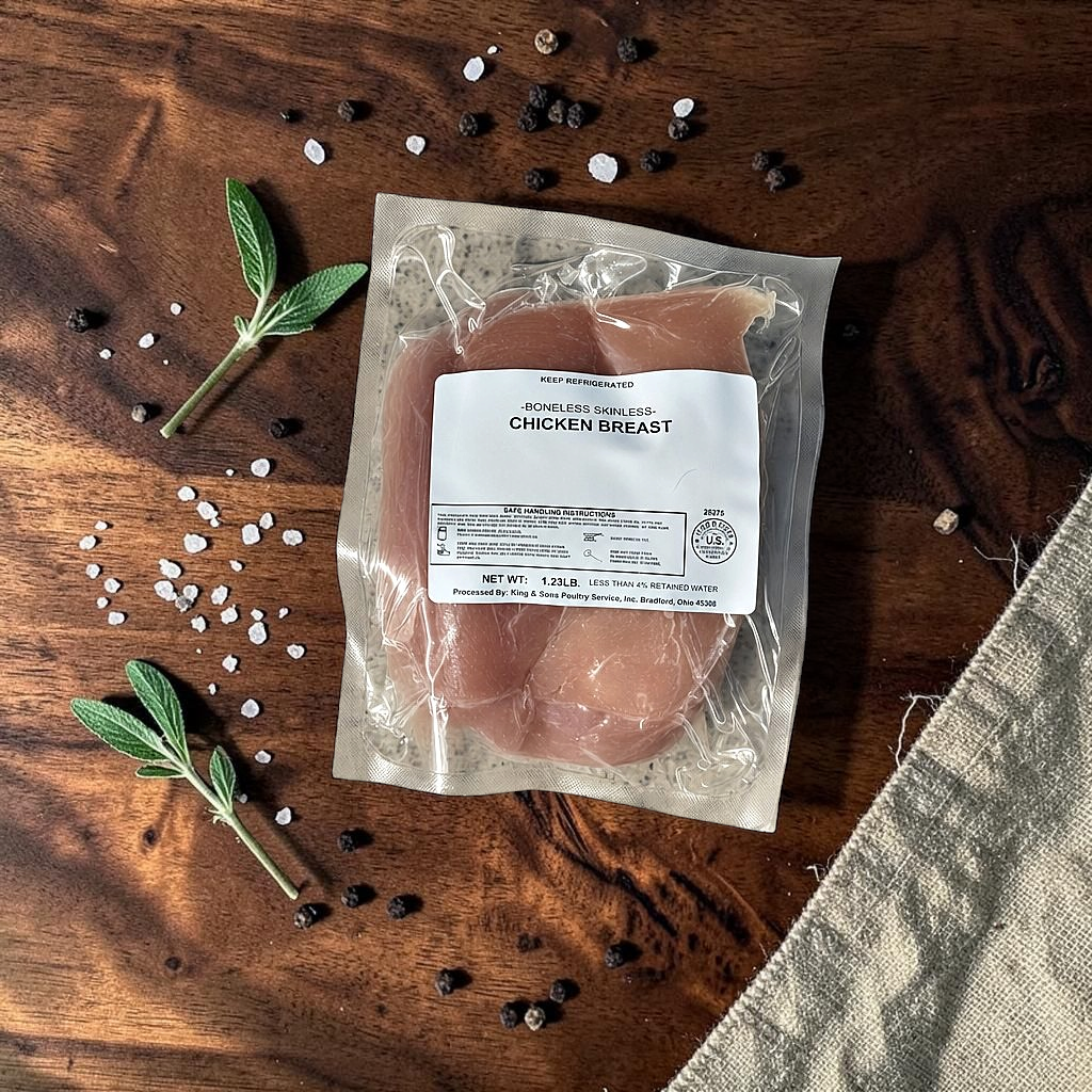 Pasture-raised boneless skinless chicken breast, vacuum sealed