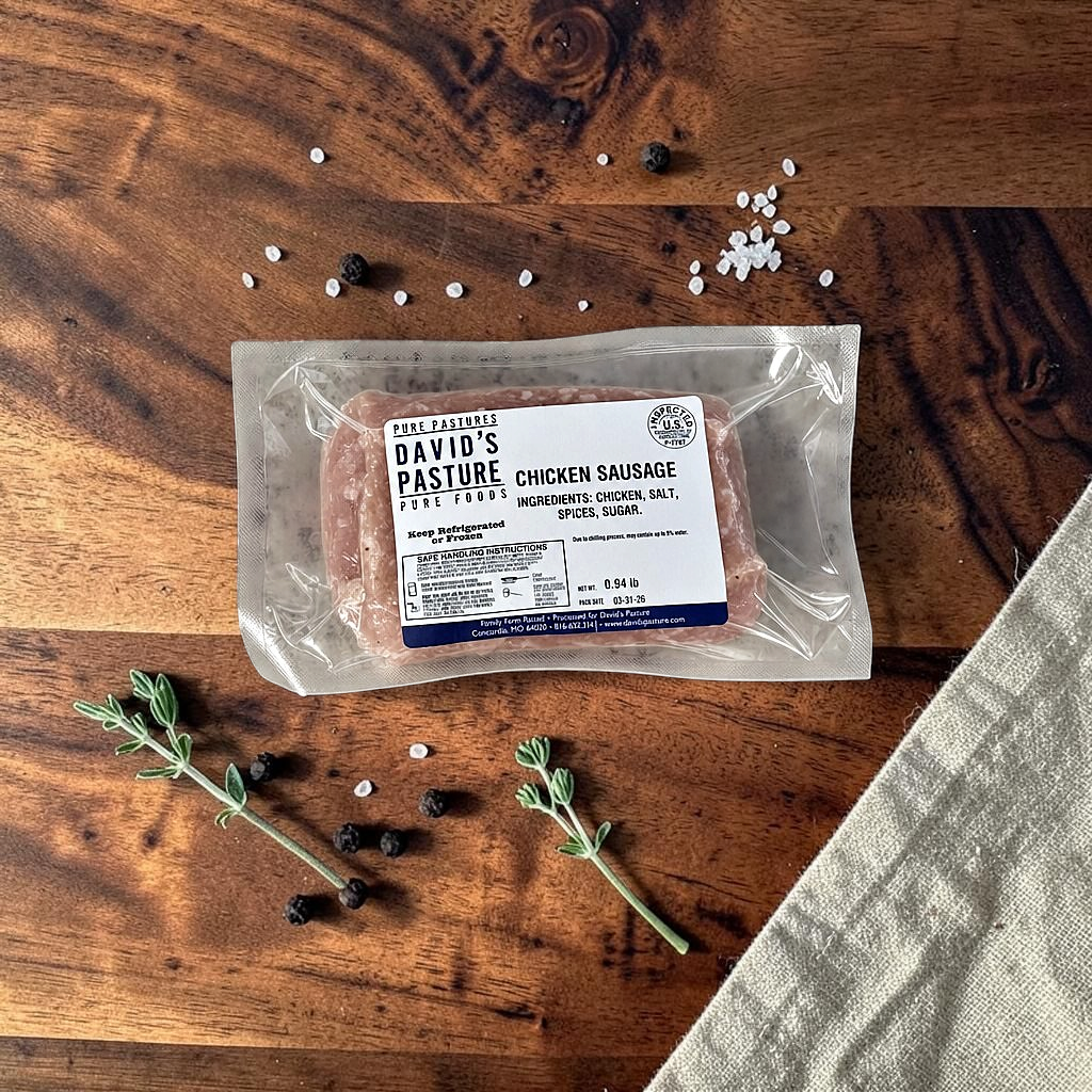 Chicken sausage from David's Pasture, vacuum sealed