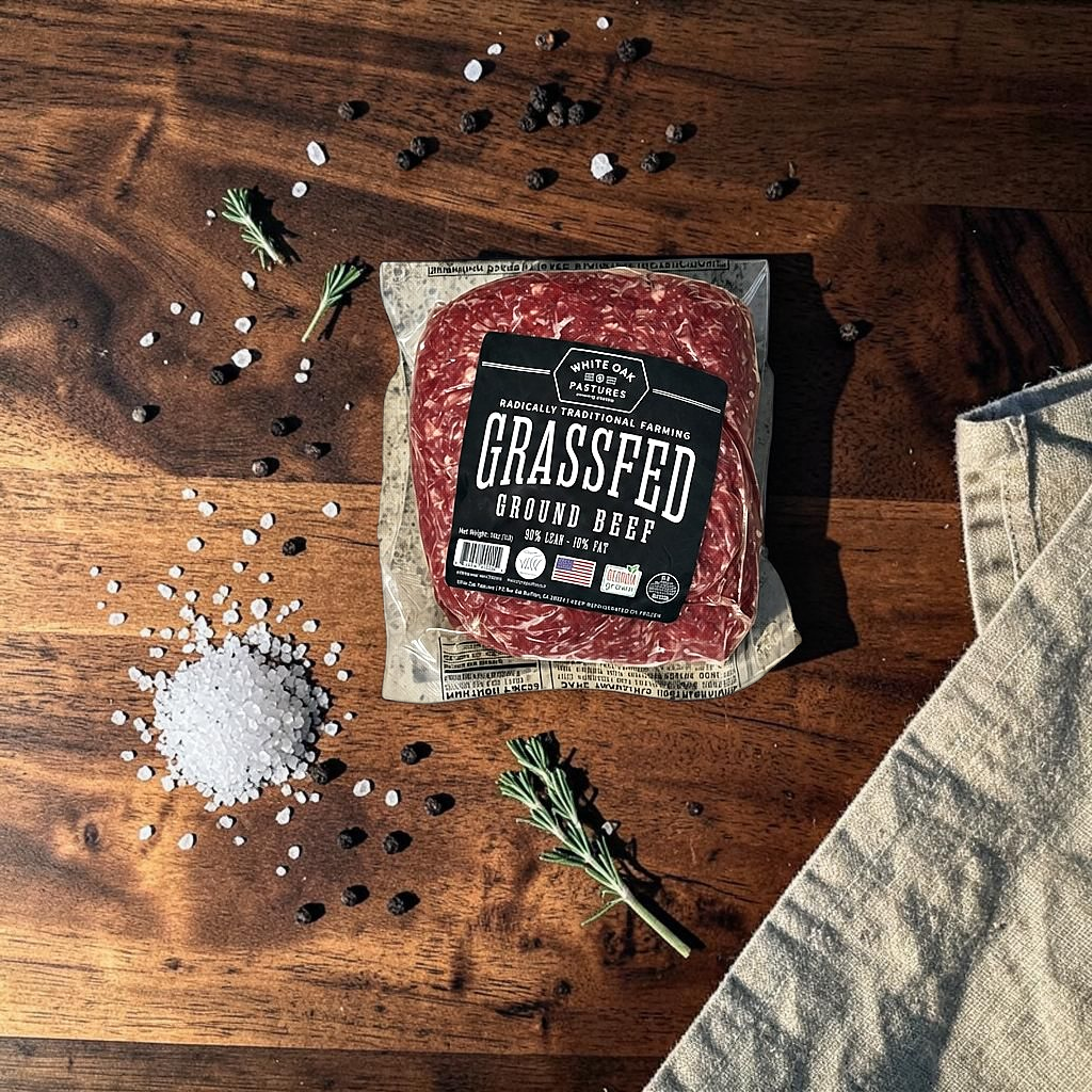 Grass-fed ground beef from White Oak Pastures, vacuum sealed