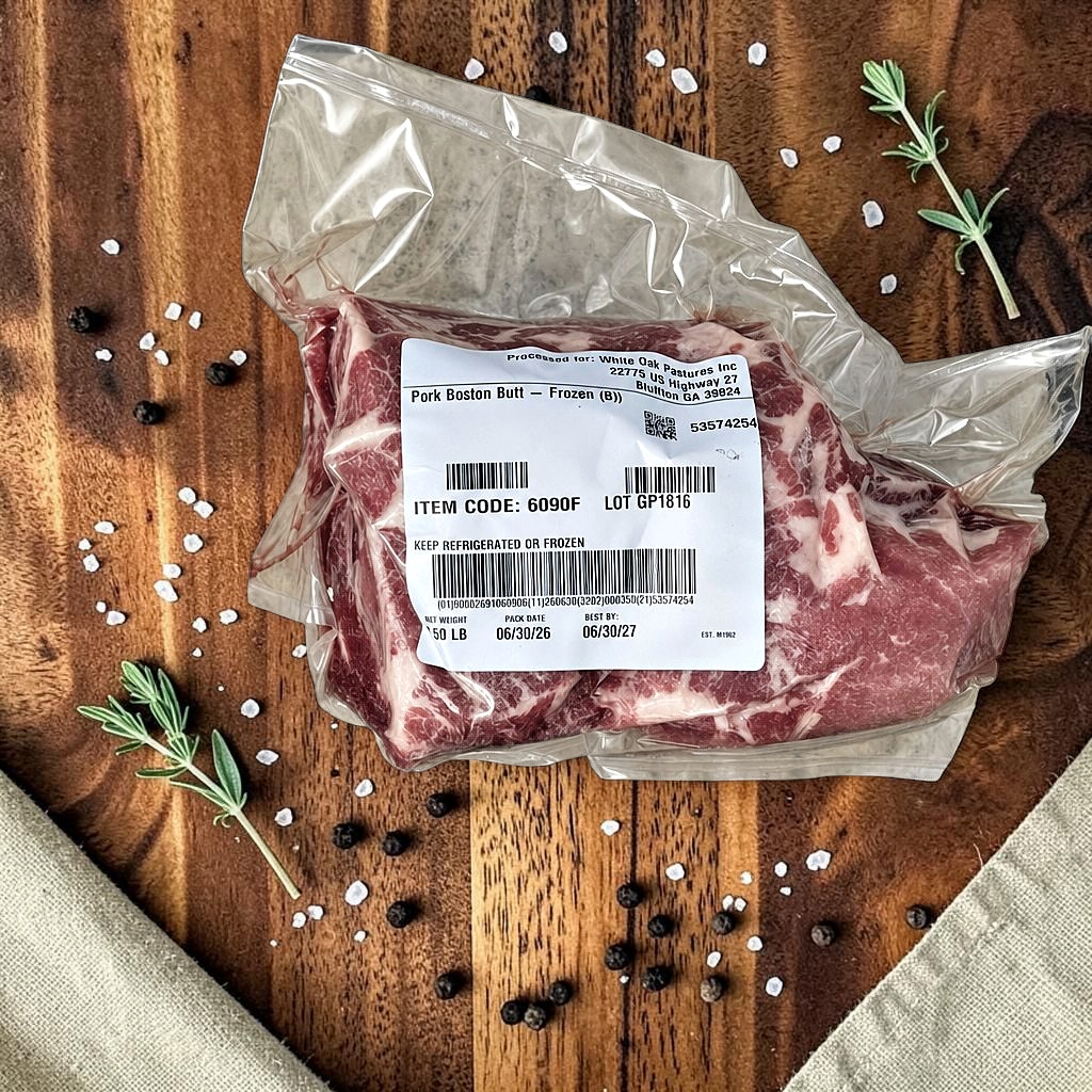 Pasture-raised pork Boston butt from White Oak Pastures, vacuum sealed