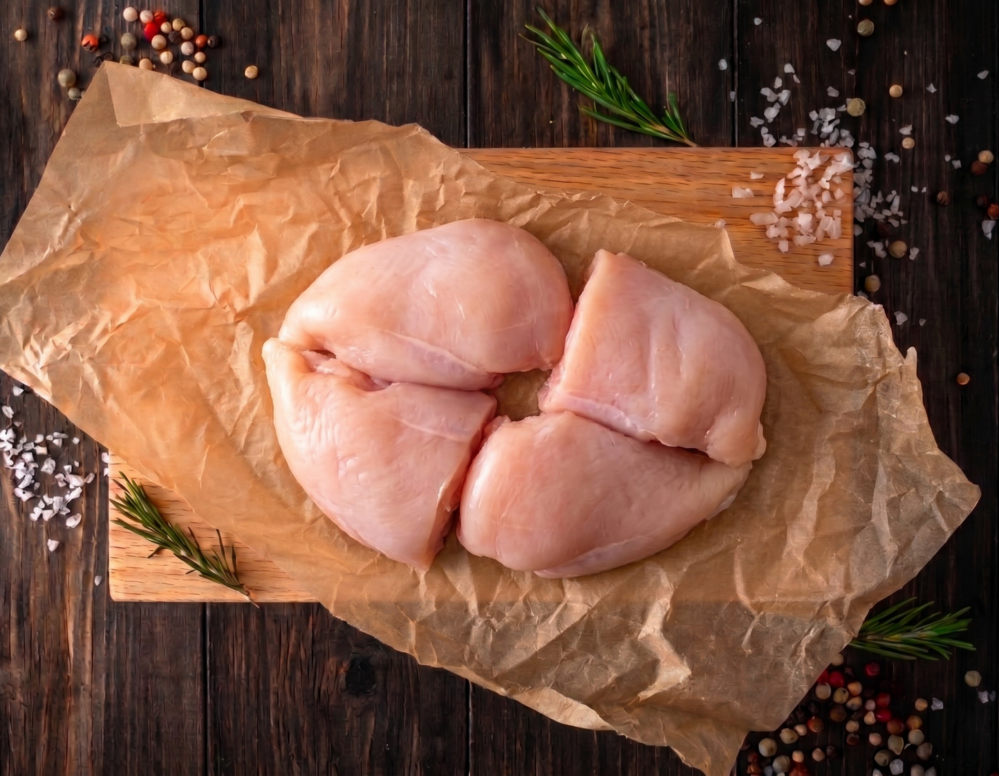 Pasture-raised chicken breasts, vacuum-sealed