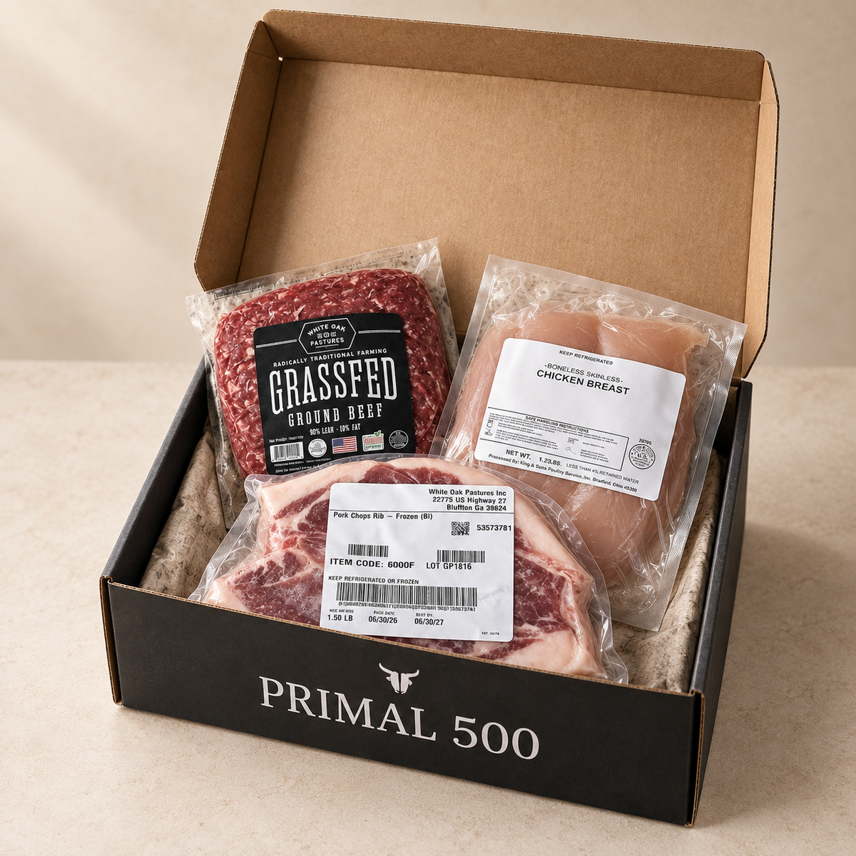 The Primal Couple Box — representative Primal 500 box with sealed meat packs; contents vary with your selections.