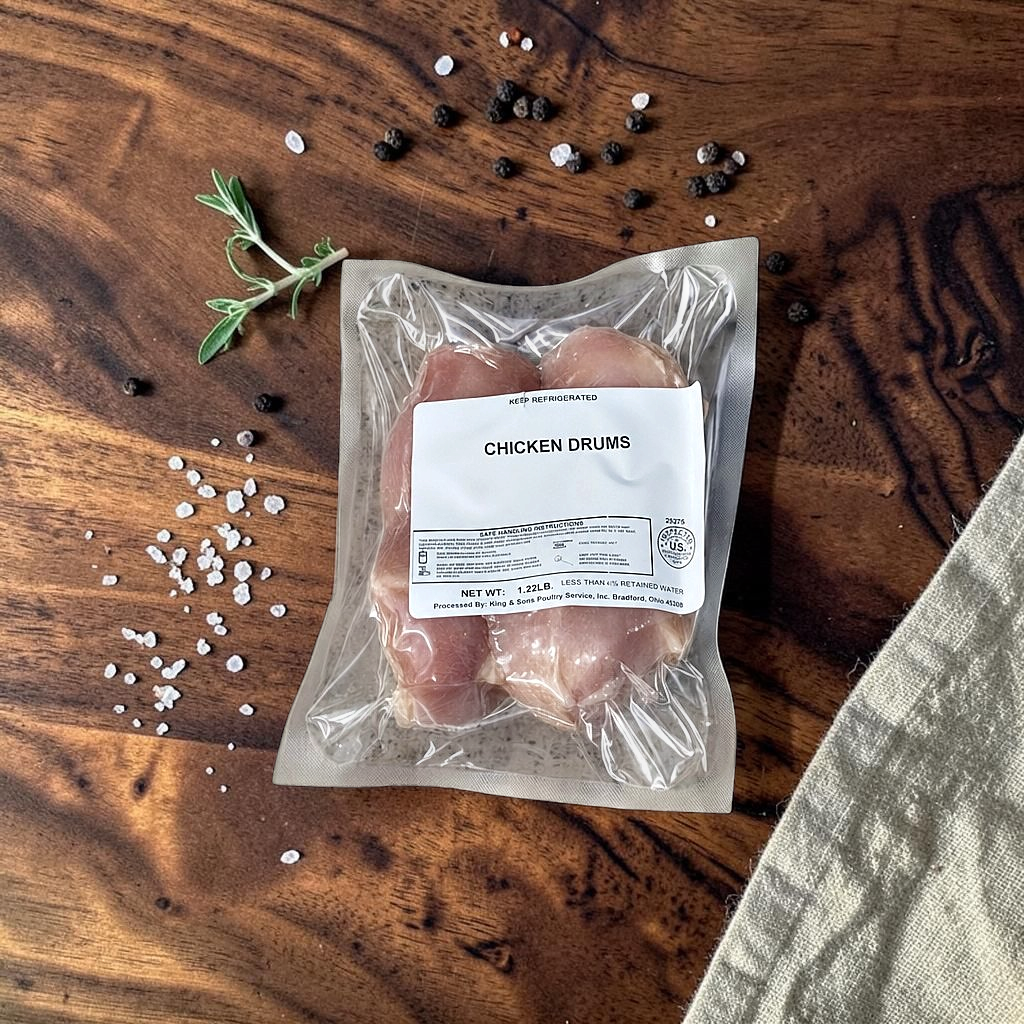 Pasture-raised chicken drumsticks, vacuum sealed
