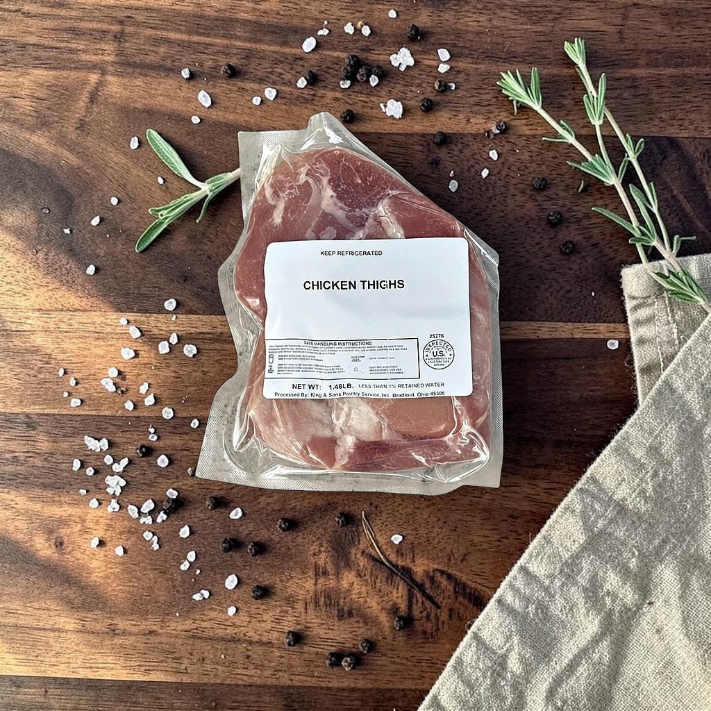 Pasture-raised chicken thighs, vacuum sealed