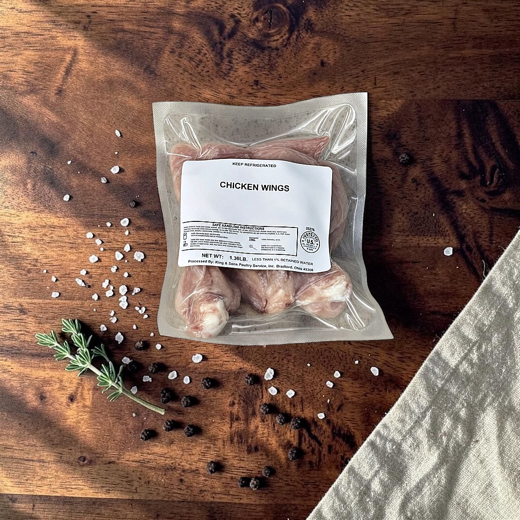 Pasture-raised chicken wings, vacuum sealed