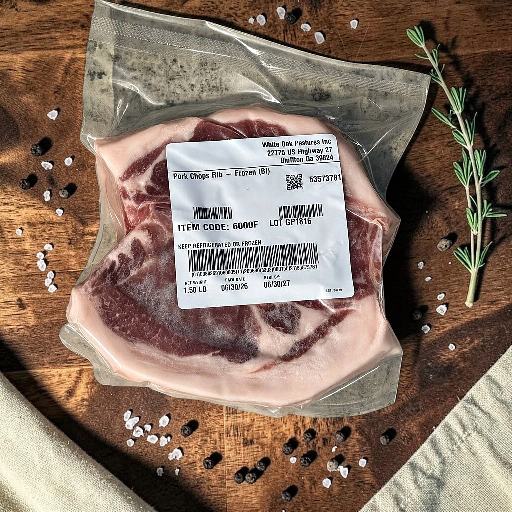 Pasture-raised rib pork chops from White Oak Pastures, vacuum sealed