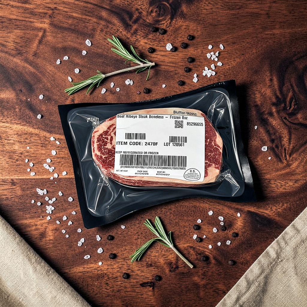 Grass-finished ribeye steak from White Oak Pastures, vacuum sealed