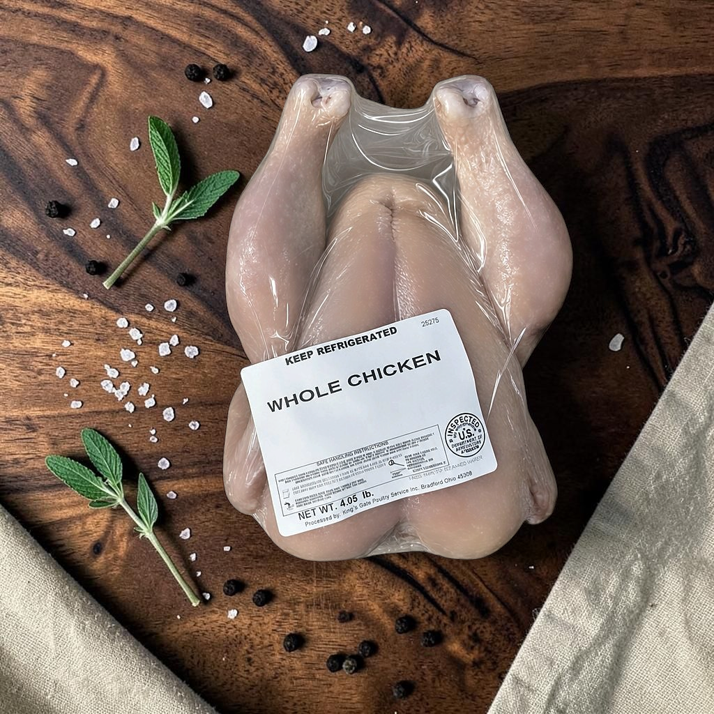 Pasture-raised whole chicken, vacuum sealed